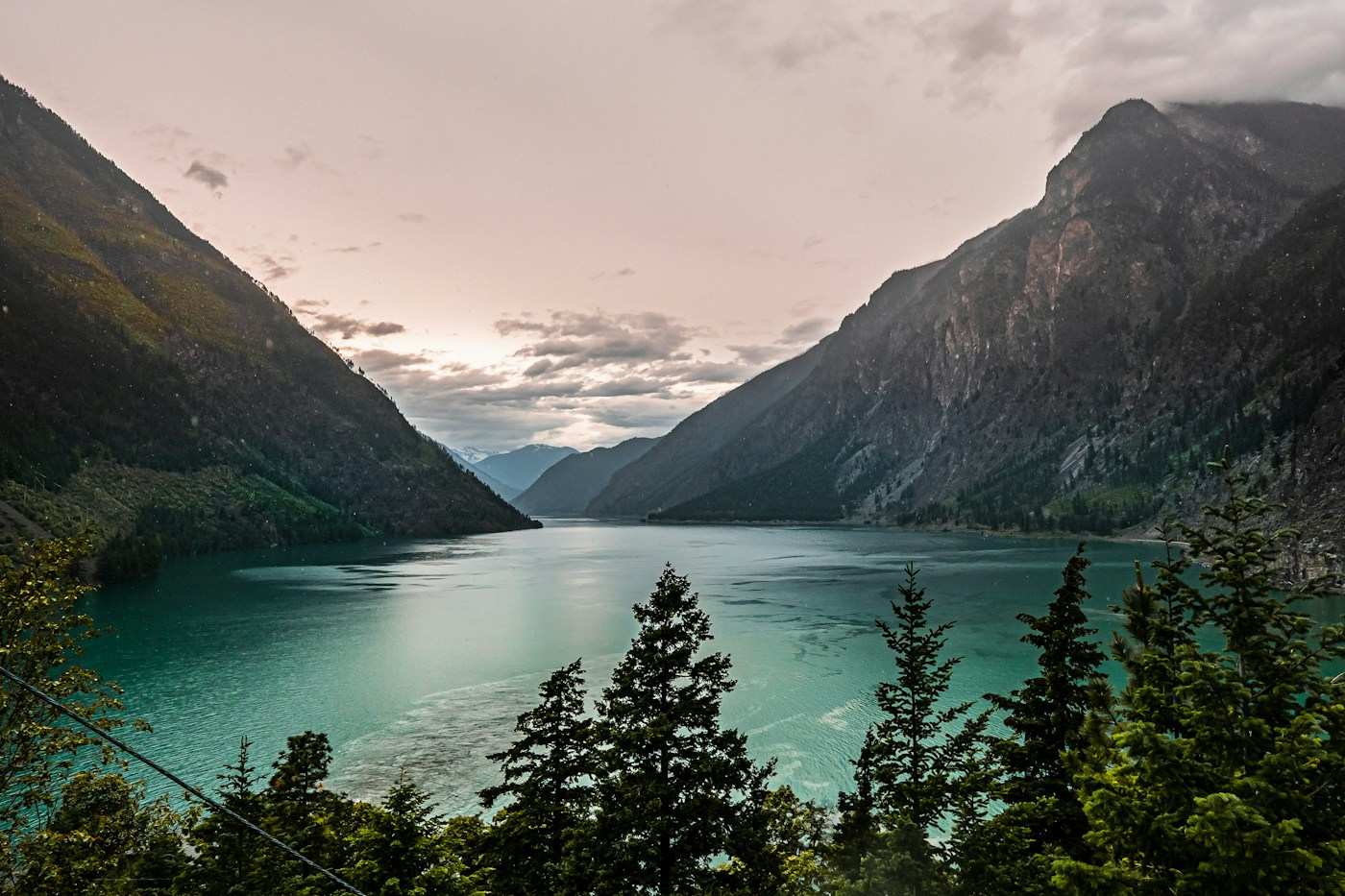 Trees near a lake and mountains