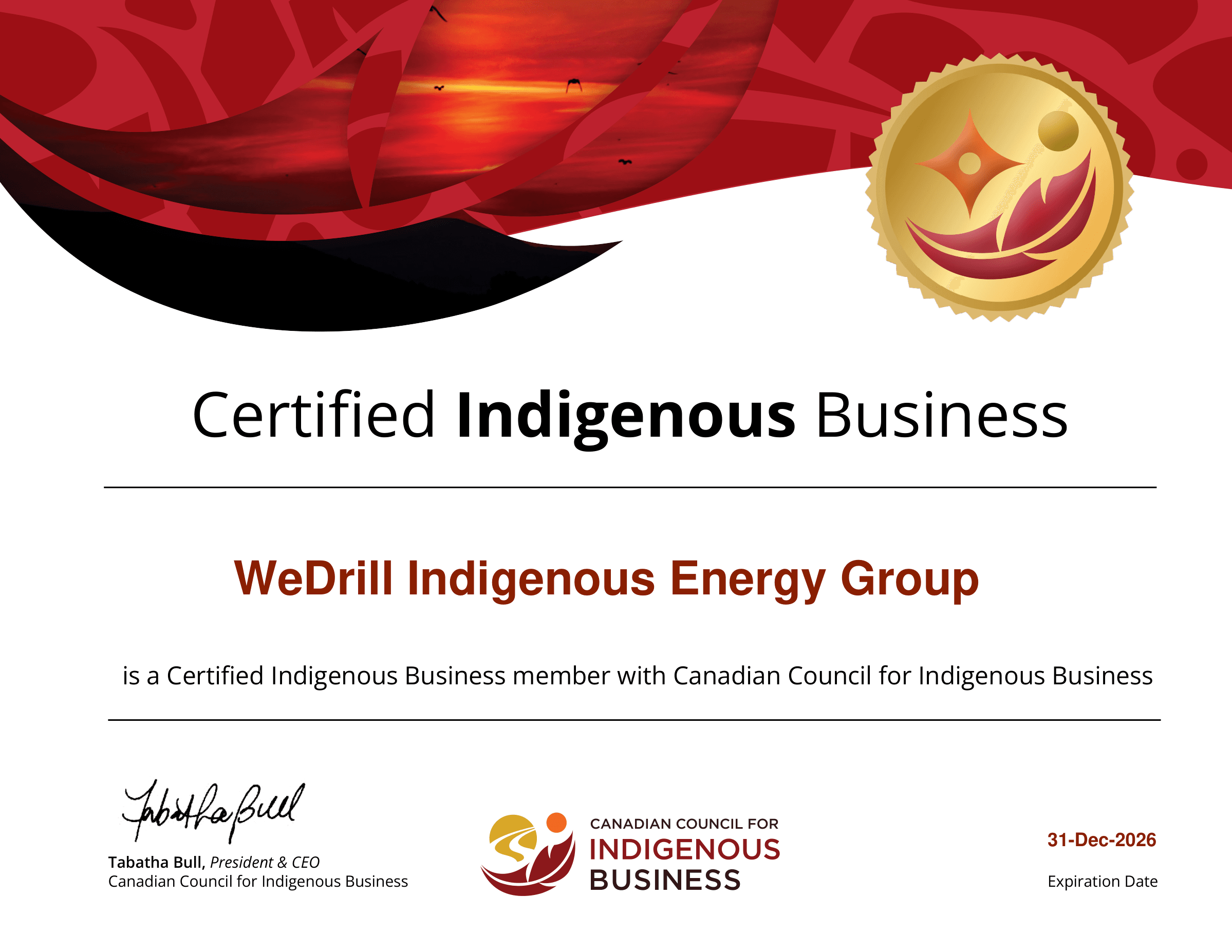 Certificate: WeDrill Indigenous Energy Group is a Certified Indigenous Business member with the Canadian Council for Indigenous Business, valid through December 31, 2026.